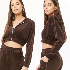 Velour Cropped Zip-Up Hoodie
